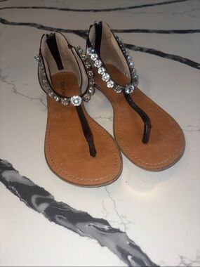 bebe Black T-Strap Sandals with Clear Crystal Accents